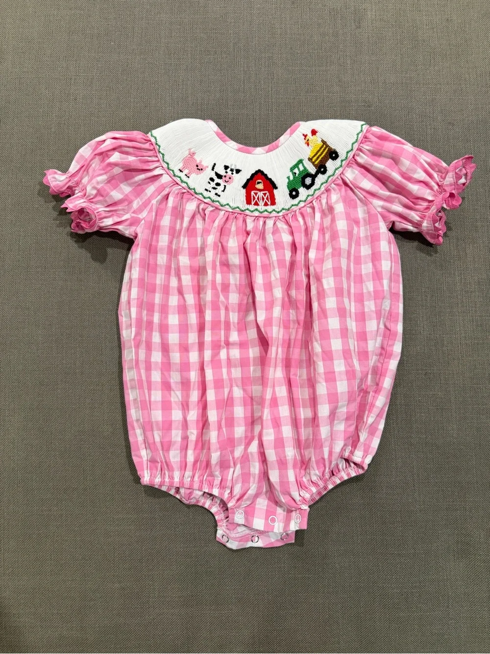 Stitchy Fish Pink Gingham Smocked Farm Dress